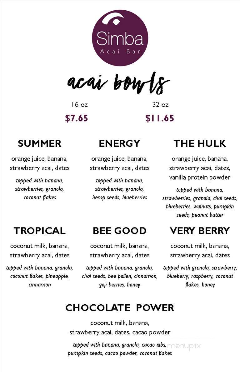 Simba Acai - Santa Clarita, CA menu_pic