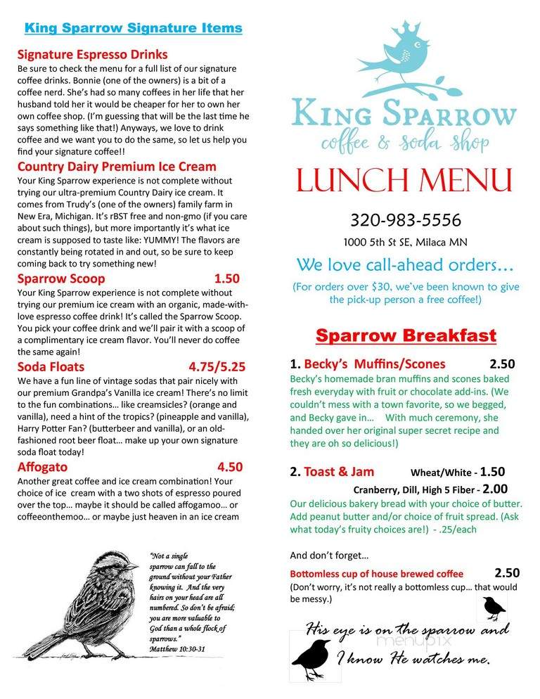 King Sparrow Coffee & Soda Shop - Milaca, MN menu_pic