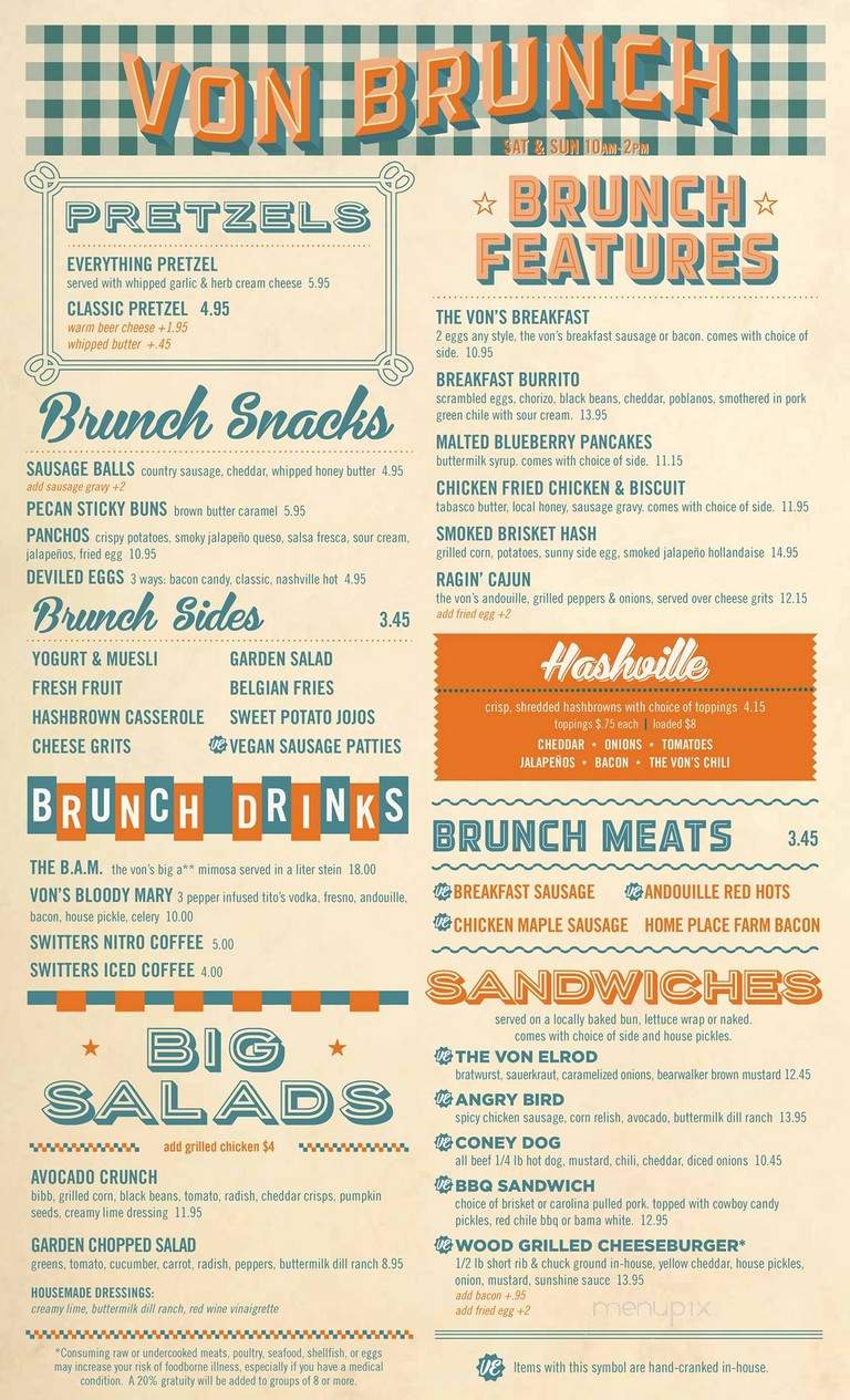 Von Elrod's Beer Garden & Sausage House - Nashville, TN menu_pic