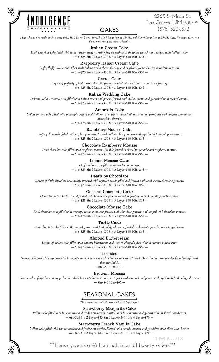 Indulgence Bakery & Cafe - Las Cruces, NM menu_pic