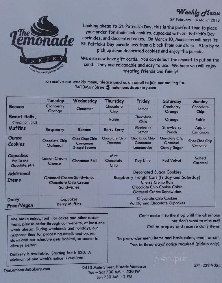 The Lemonade Bakery - Manassas, VA menu_pic