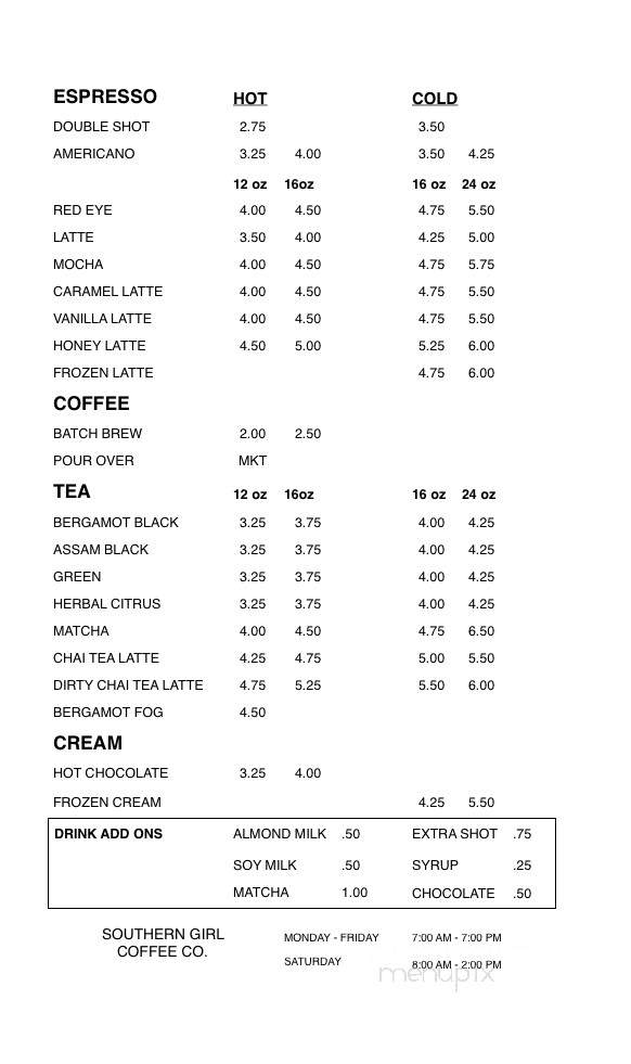 Southern Girl Coffee - Oxford, AL menu_pic