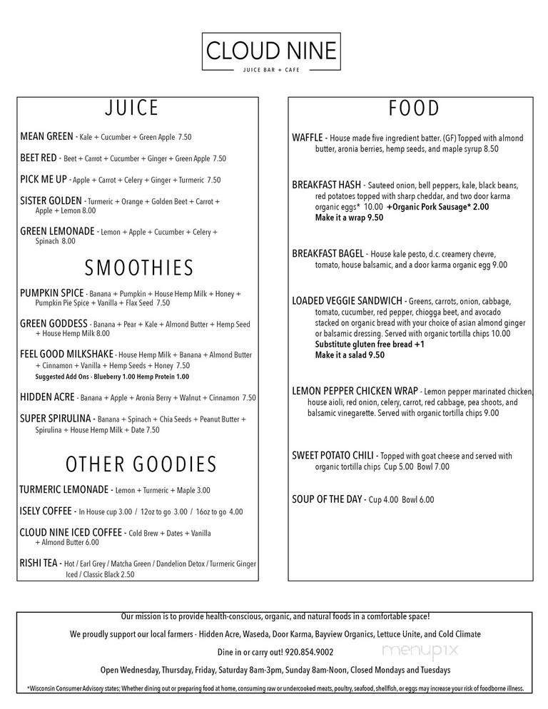 Cloud Nine Juice Bar + Cafe - Sister Bay, WI menu_pic