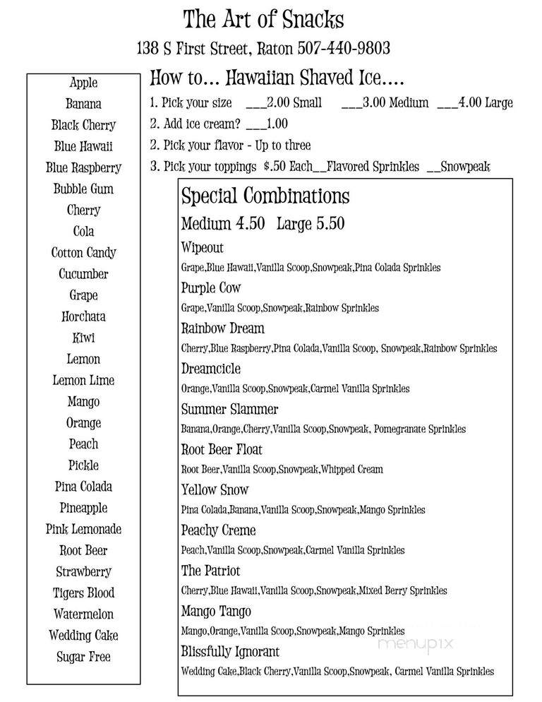 The Art of Snacks - Raton, NM menu_pic
