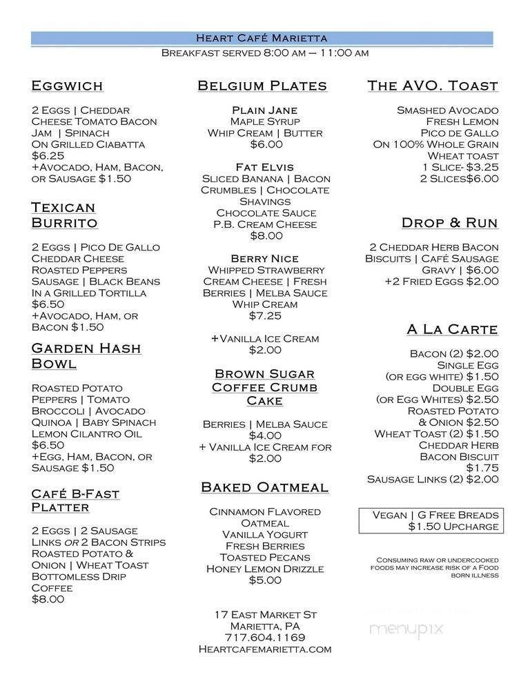 Heart Cafe - Marietta, PA menu_pic