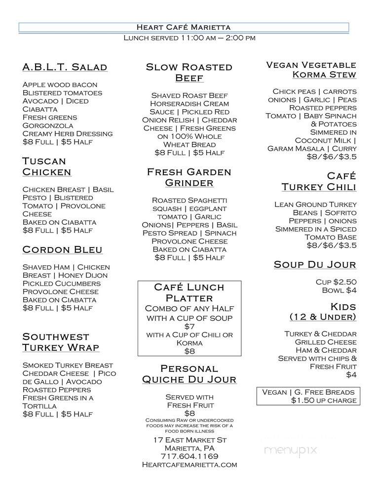Heart Cafe - Marietta, PA menu_pic