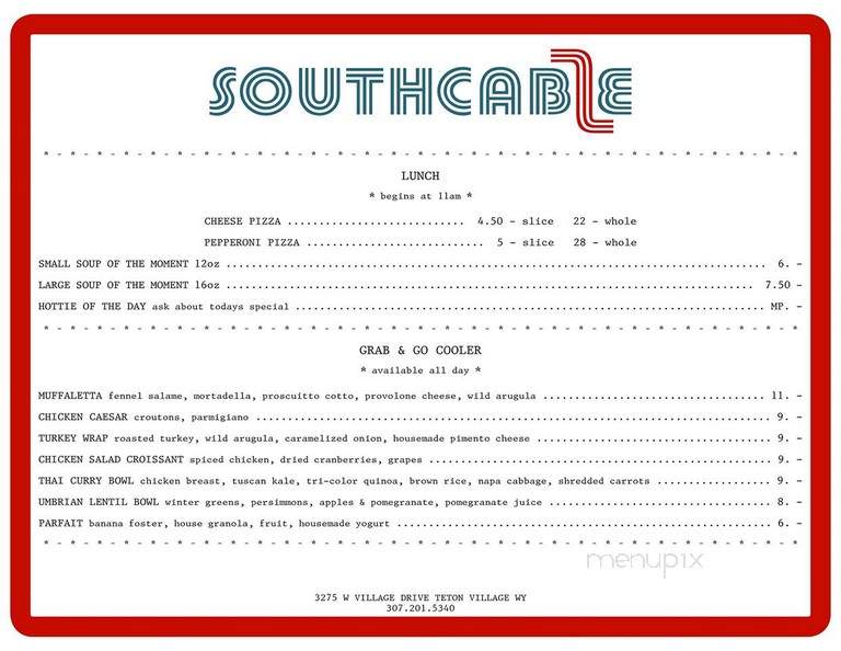 Southcable Cafe - Teton Village, WY menu_pic