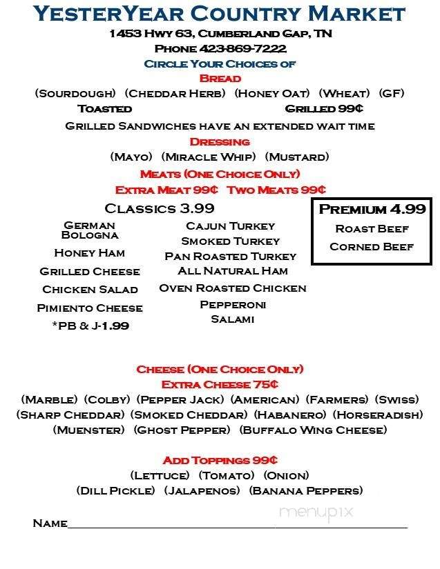 YesterYear Country Market - Cumberland Gap, TN menu_pic