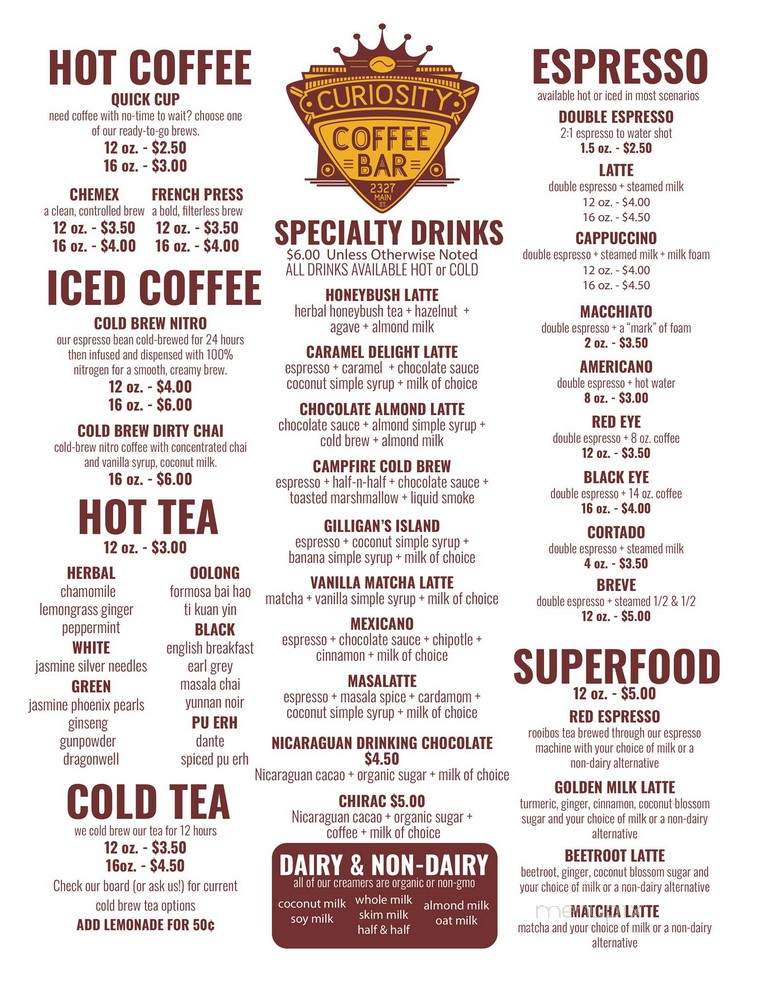 Curiosity Coffee Bar - Columbia, SC menu_pic