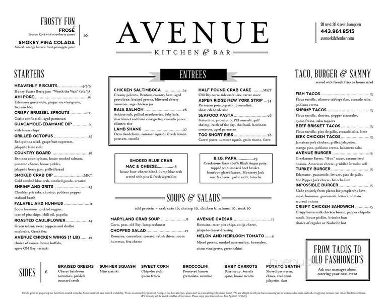 Avenue Kitchen & Bar - Baltimore, MD menu_pic