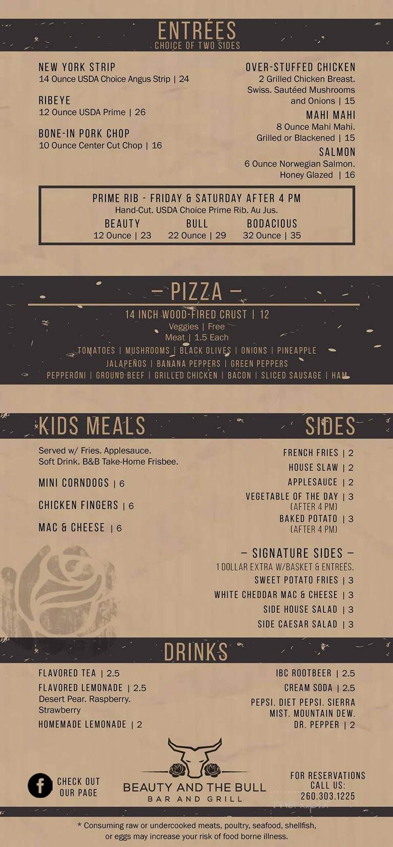 Beauty & The Bull Bar & Grill - Wolcottville, IN menu_pic