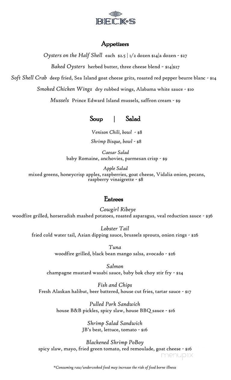 Becks - Augusta, GA menu_pic