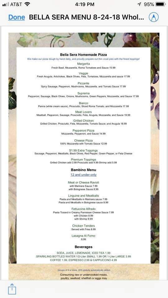 Bella Sera Italian Bistro - Destin, FL menu_pic
