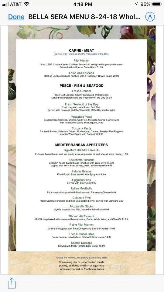 Bella Sera Italian Bistro - Destin, FL menu_pic
