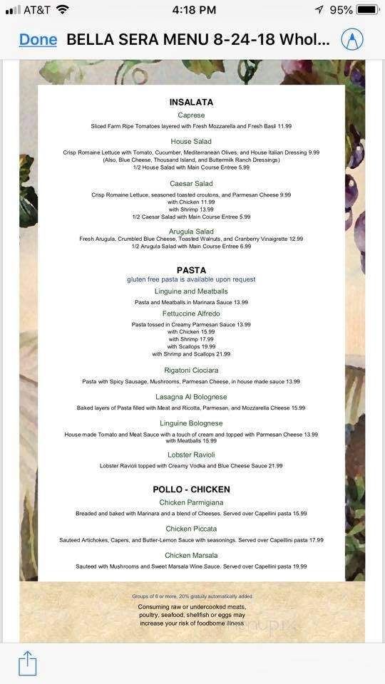 Bella Sera Italian Bistro - Destin, FL menu_pic
