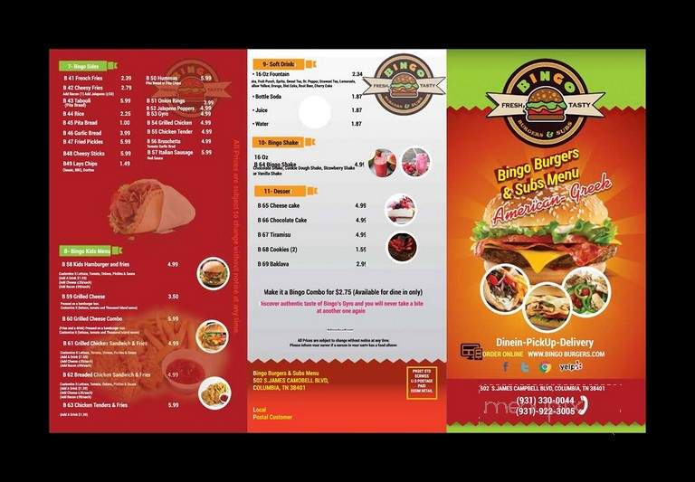Bingo Burgers & Subs - Columbia, TN menu_pic