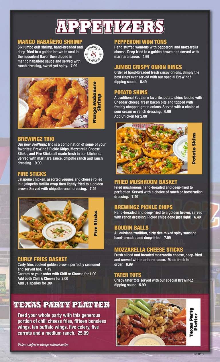 Brewingz Restaurant and Bar - Pearland, TX menu_pic
