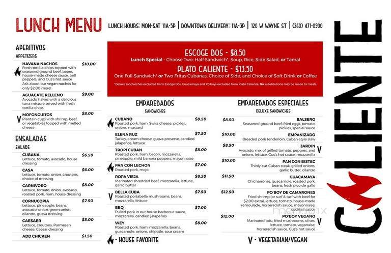 Caliente Cuban Cafe - Fort Wayne, IN menu_pic