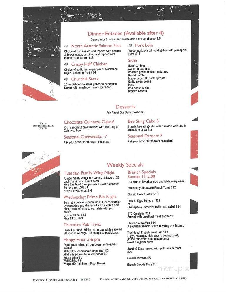 Churchill Pub & Restaurant - Cresaptown, MD menu_pic