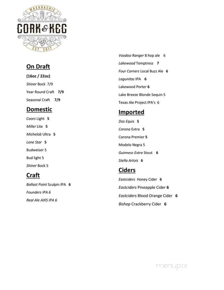 Cork & Keg - Waxahachie, TX menu_pic