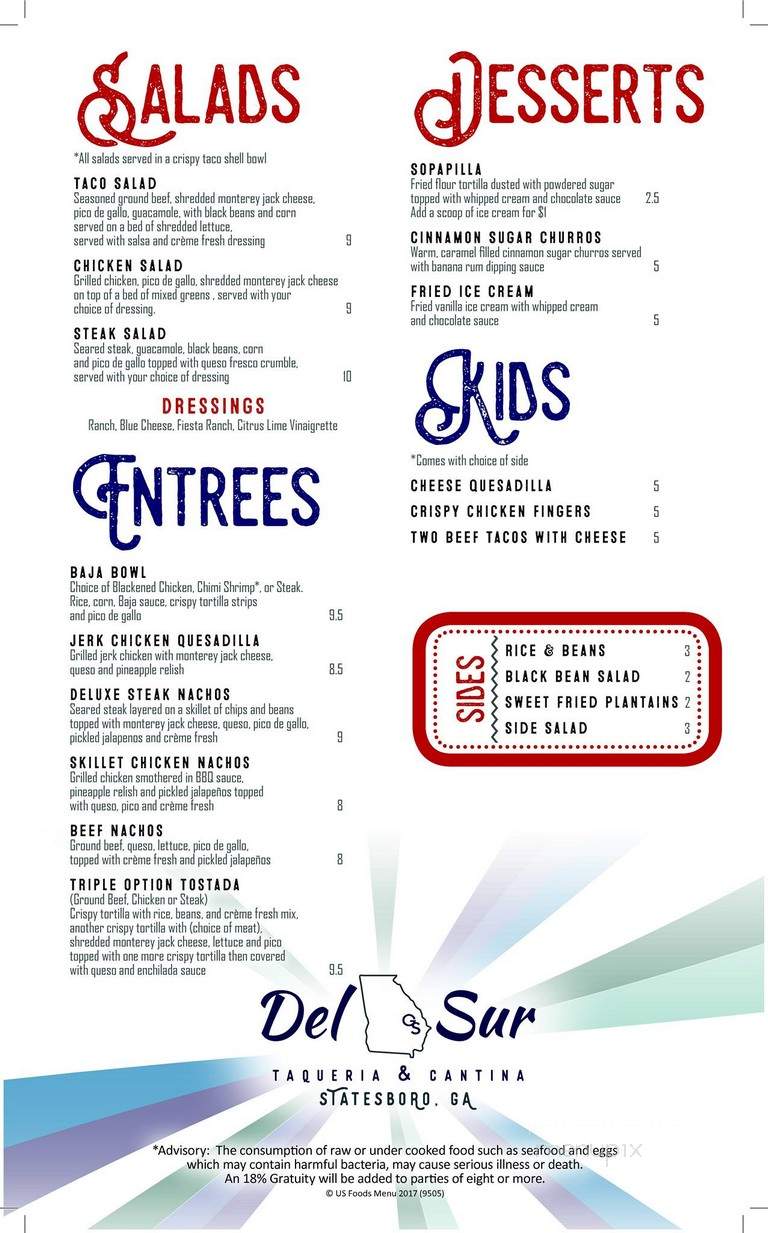 Del Sur Taqueria & Cantina - Statesboro, GA menu_pic
