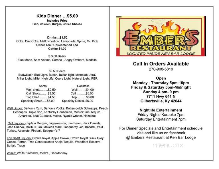 Ember's at Kenbar Lodge - Gilbertsville, KY menu_pic