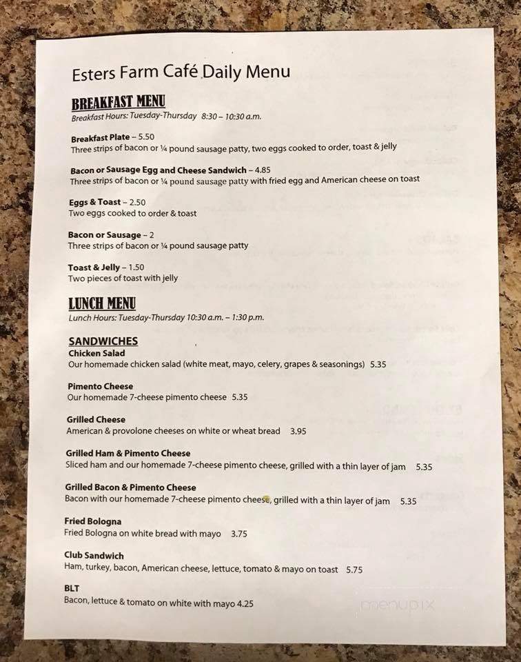 Esters Farm Cafe & Catering - Park City, KY menu_pic