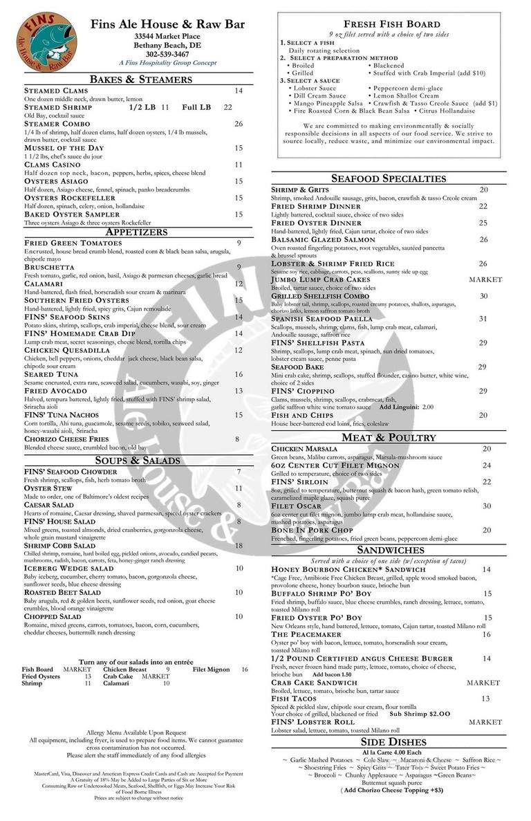 Menu of FINS Alehouse & Raw Bar in Bethany Beach, DE 19930
