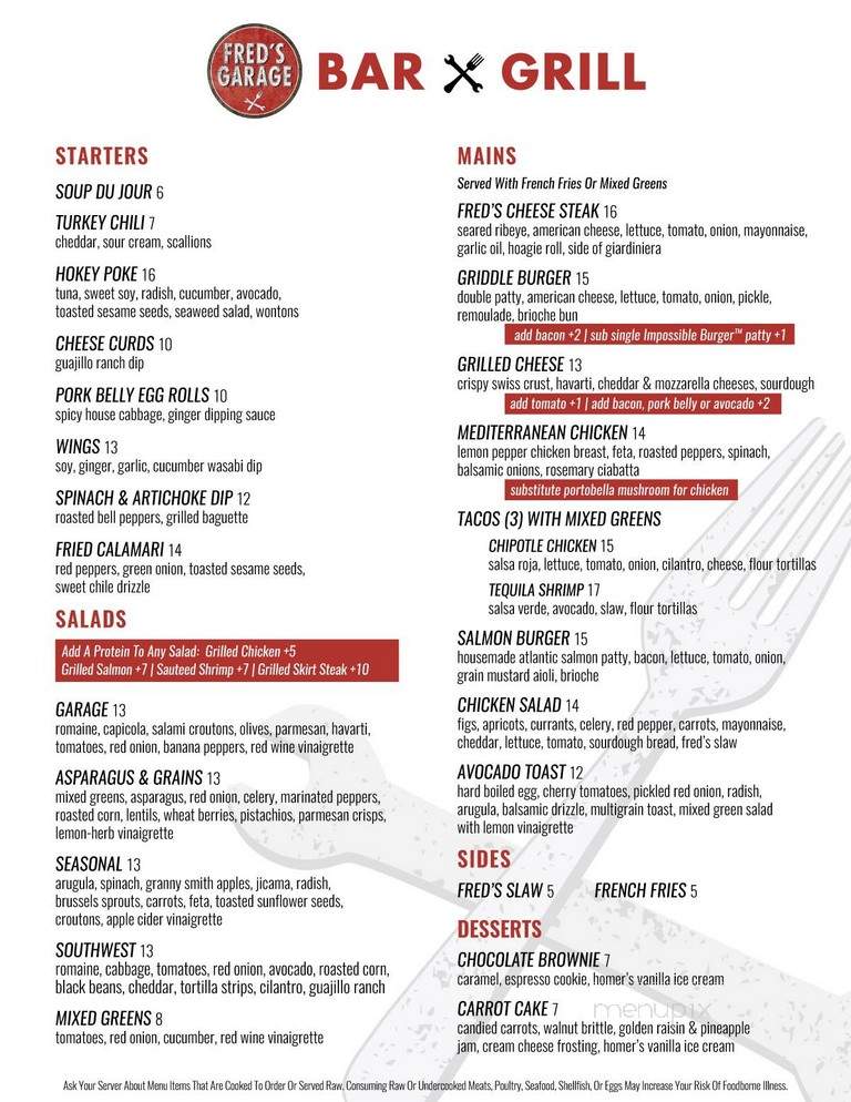 Fred's Garage - Winnetka, IL menu_pic