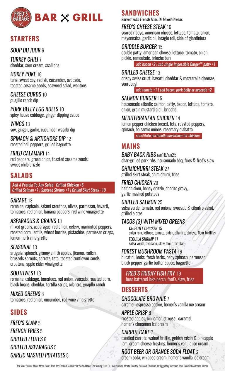 Fred's Garage - Winnetka, IL menu_pic
