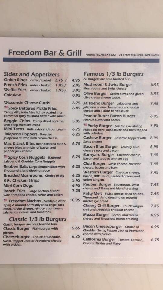 Freedom Bar and Grill - Redwood Falls, MN menu_pic