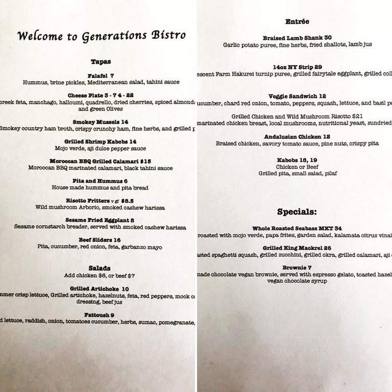 Generations Bistro & Bar - Greer, SC menu_pic