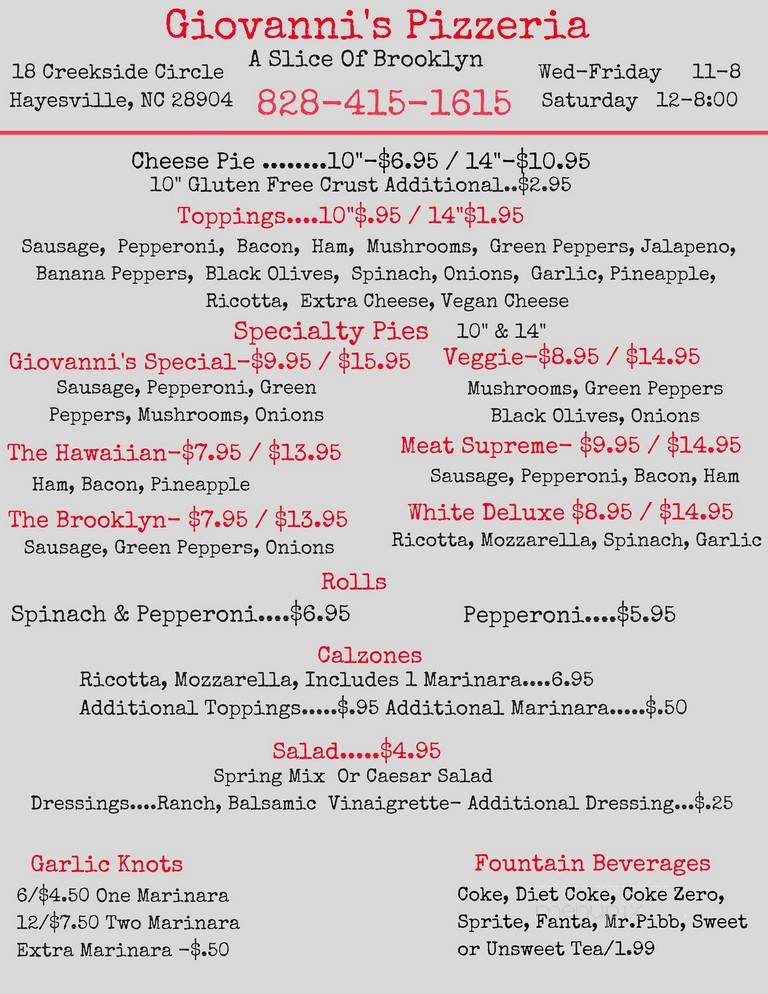 Giovanni's Pizzeria - Hayesville, NC menu_pic