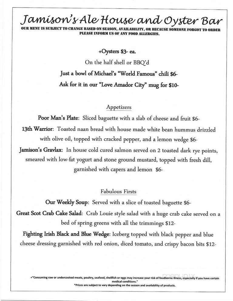 Jamison's Ale House - Amador City, CA menu_pic
