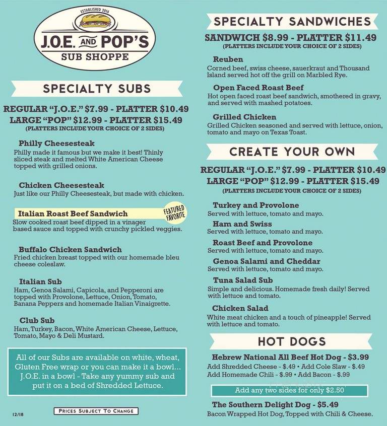 J O E and Pop's Sub Shoppe - Gatlinburg, TN menu_pic