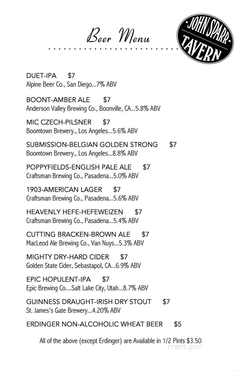 John Sparr Tavern - Glendale, CA menu_pic