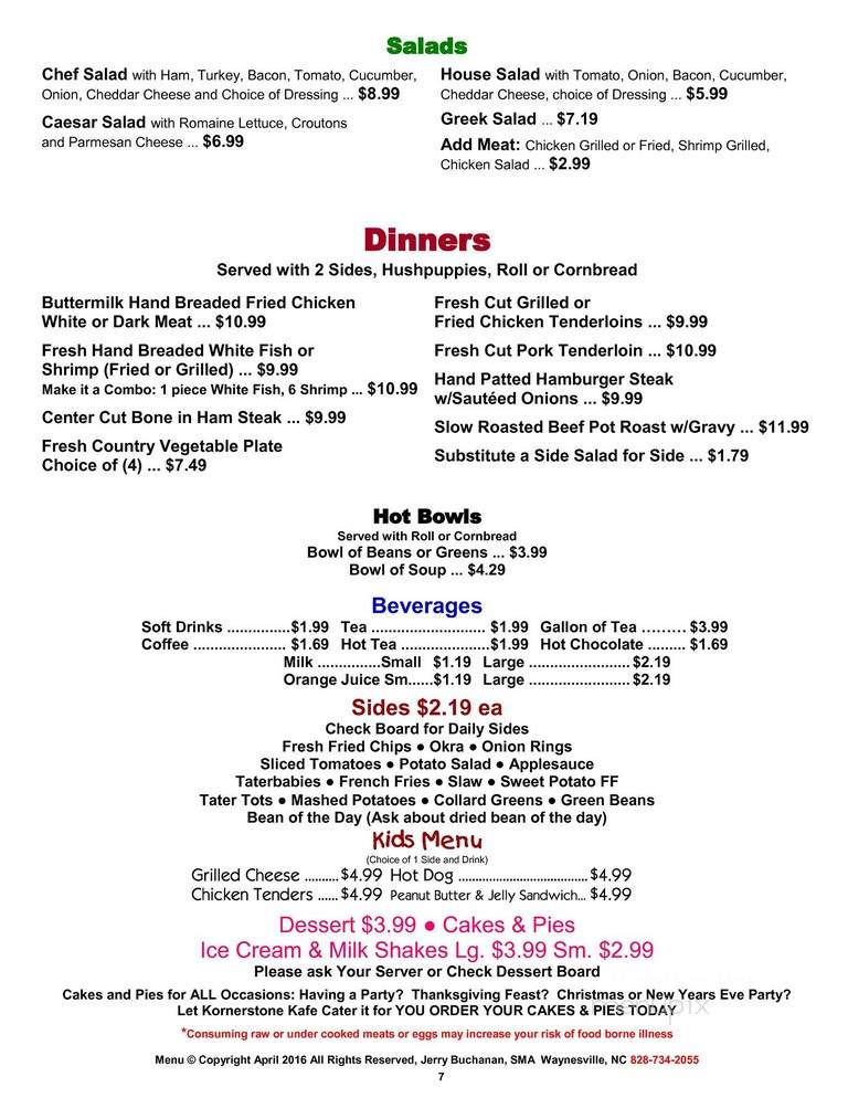 Kornerstone Kafe - Waynesville, NC menu_pic