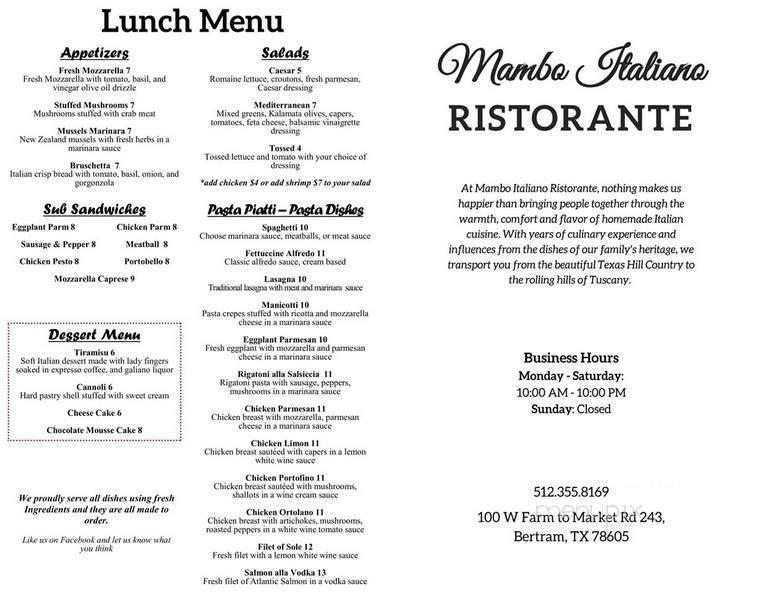 Mambo Italiano Ristorante - Bertram, TX