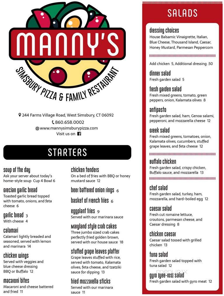 Manny's Simsbury Pizza & Family Restaurant - Simsbury, CT menu_pic