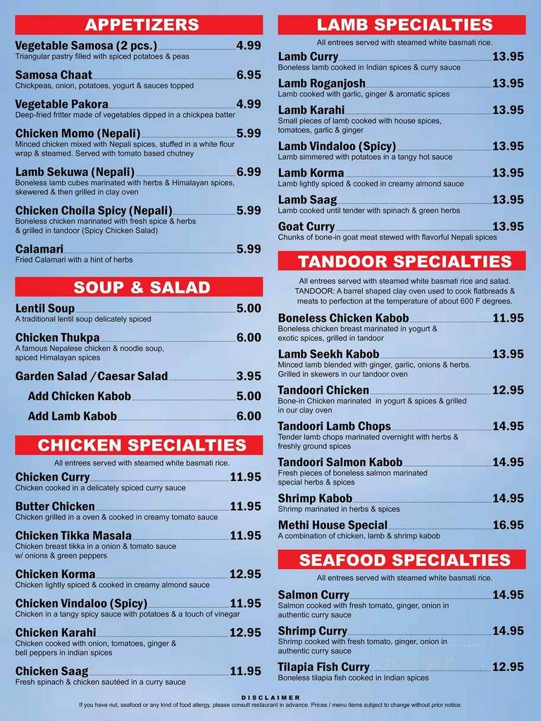 Methi Indian and Nepalese Cuisine - Silver Spring, MD menu_pic