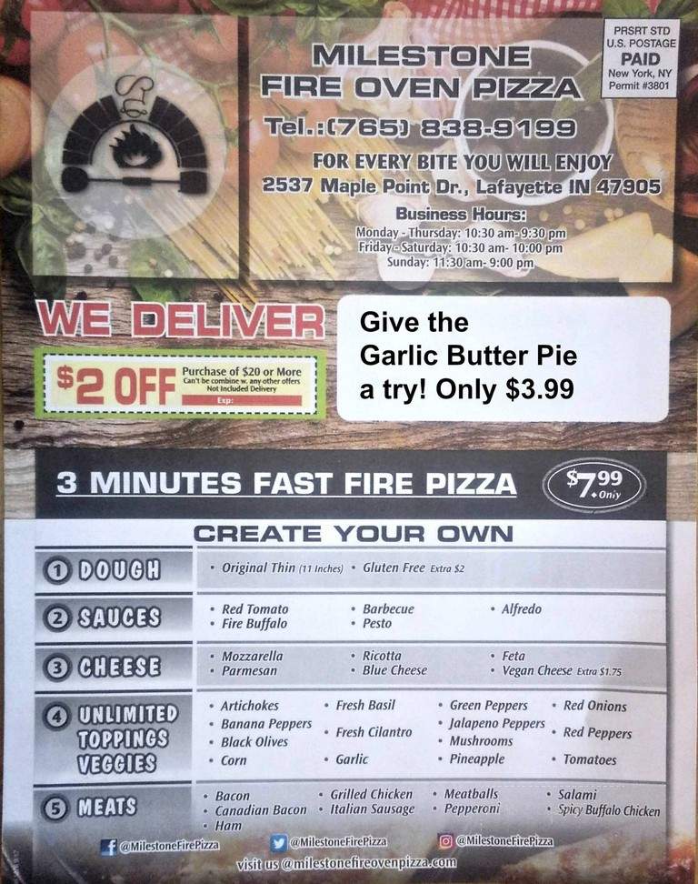 Milestone Fire Oven Pizza - Lafayette, IN menu_pic