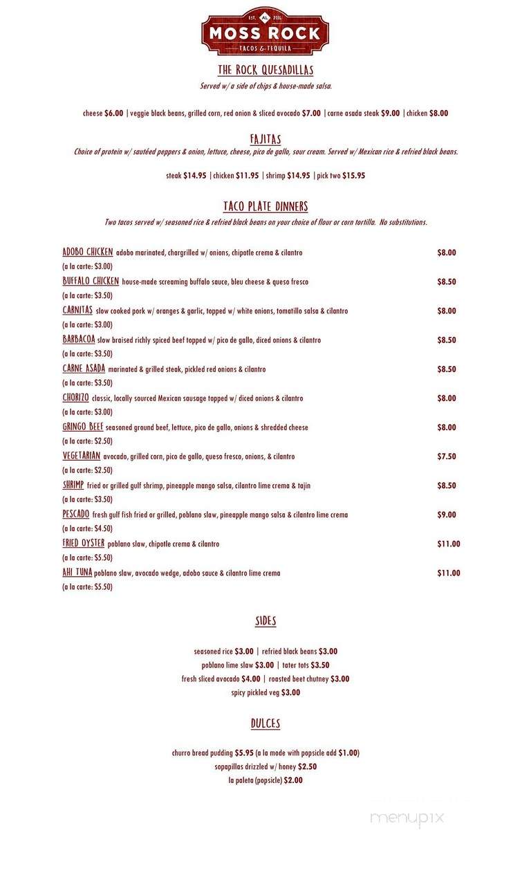 Moss Rock Tacos & Tequila - Hoover, AL menu_pic