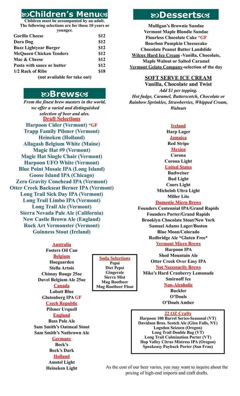 Mulligan's - Stratton, VT menu_pic