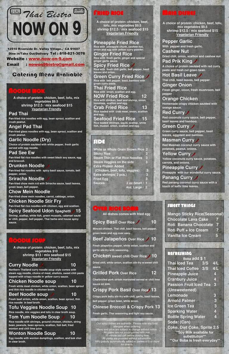 Now On 9 Thai Bistro - Valley Village, CA menu_pic