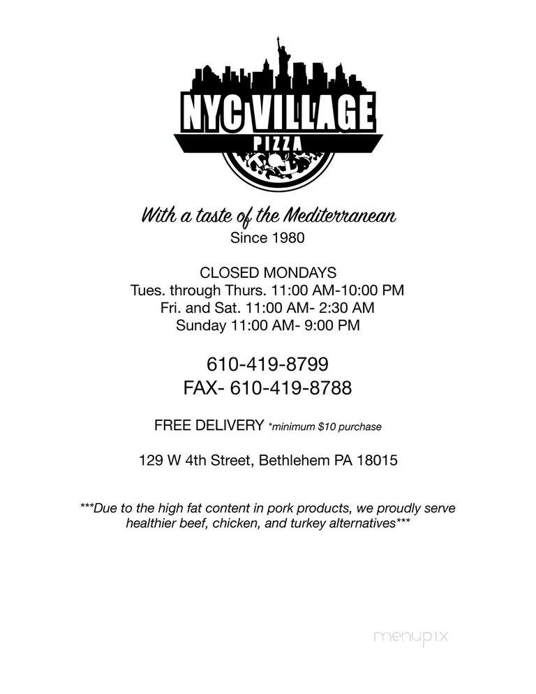 NYC Village Pizza - Bethlehem, PA menu_pic