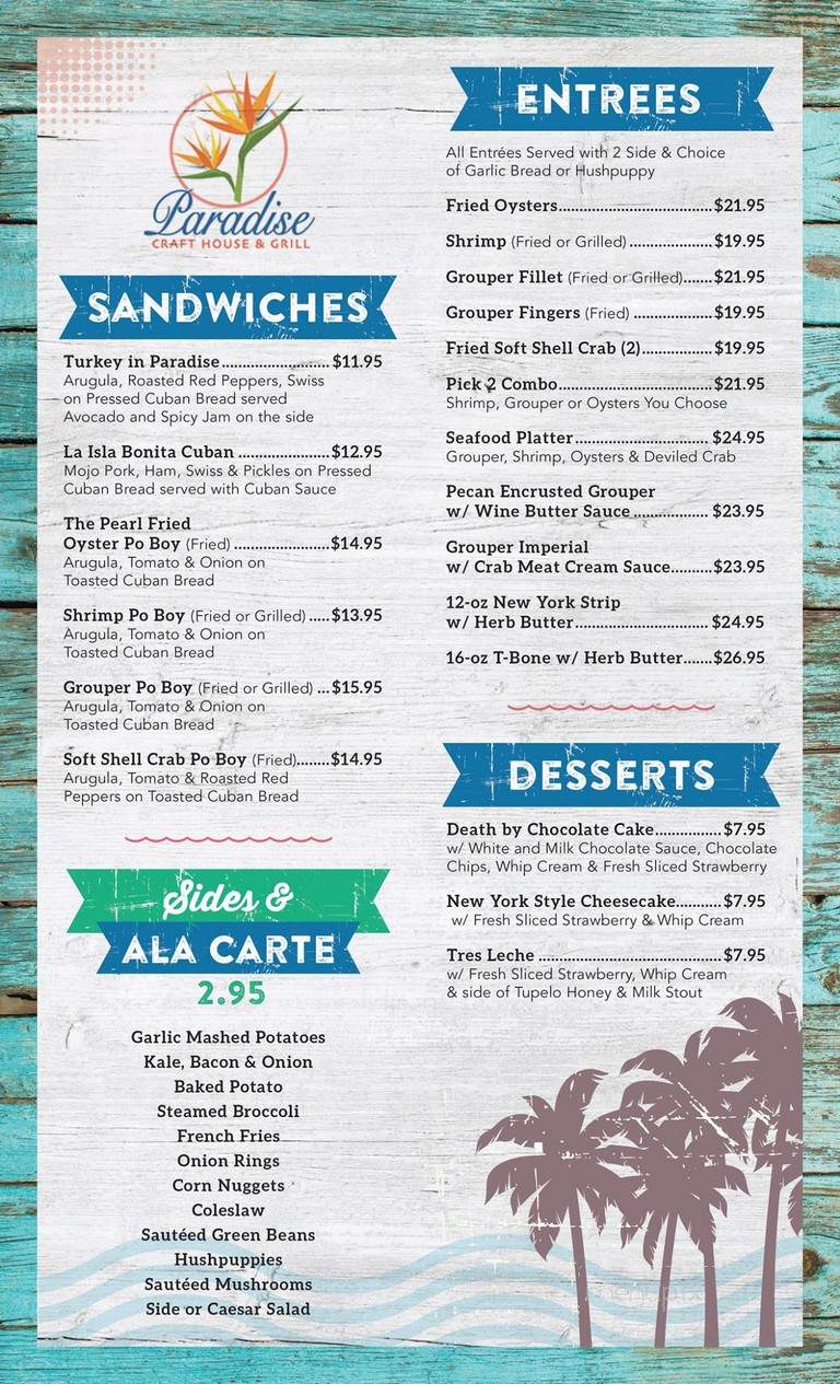 Paradise Craft House & Grill - Port Saint Joe, FL menu_pic