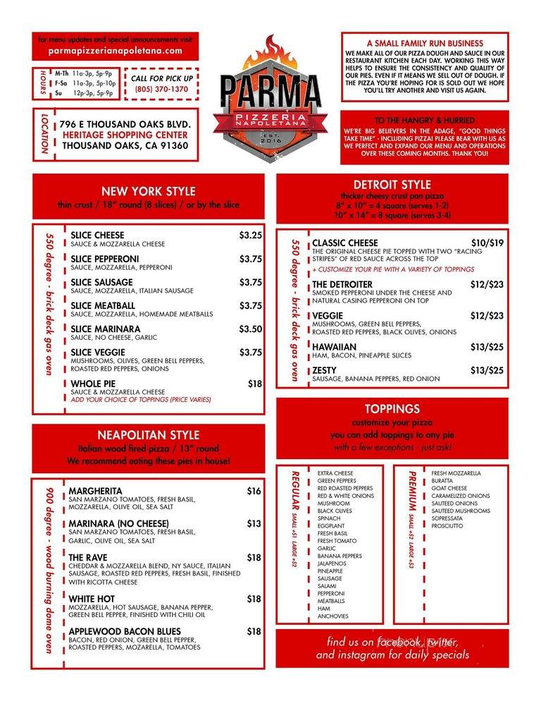 Parma Pizzeria Napoletana - Thousand Oaks, CA menu_pic