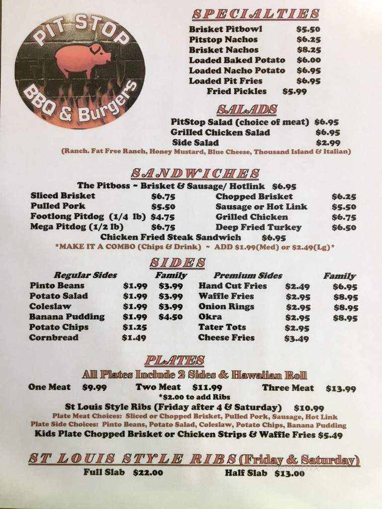 Menu of Pit Stop BBQ &amp; Burgers in Hugo, OK 74743