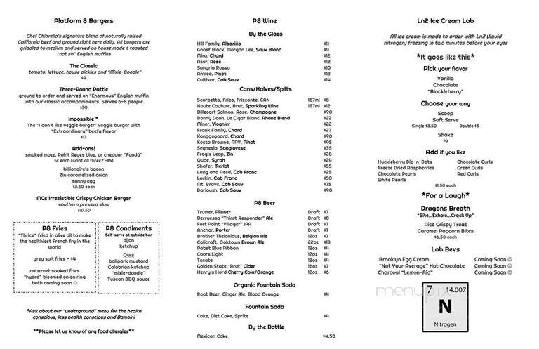 Platform 8 - Yountville, CA menu_pic