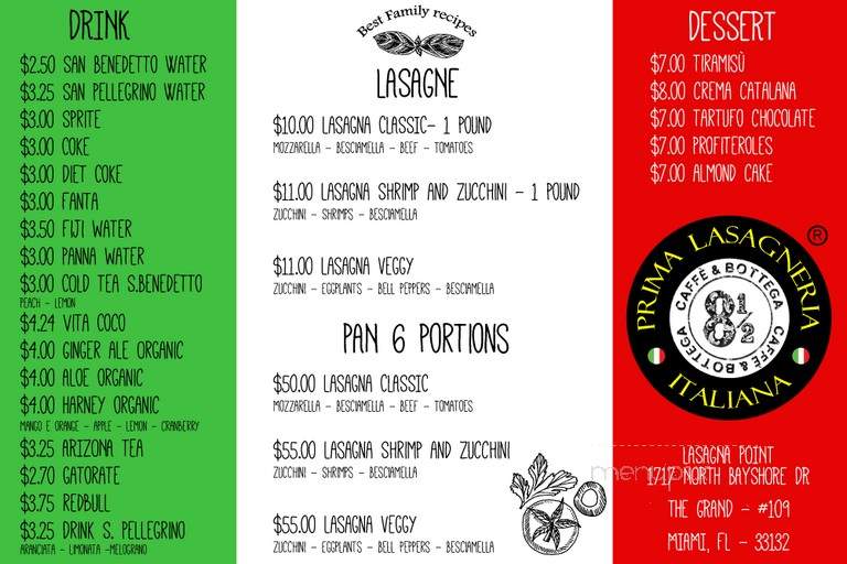 Prima Lasagneria Italiana - Miami, FL menu_pic